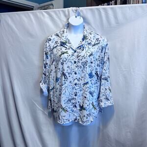 Ali Miles 1X Butterfly Dragonfly Seersucker Button Up Roll-Tab Shirt NWT